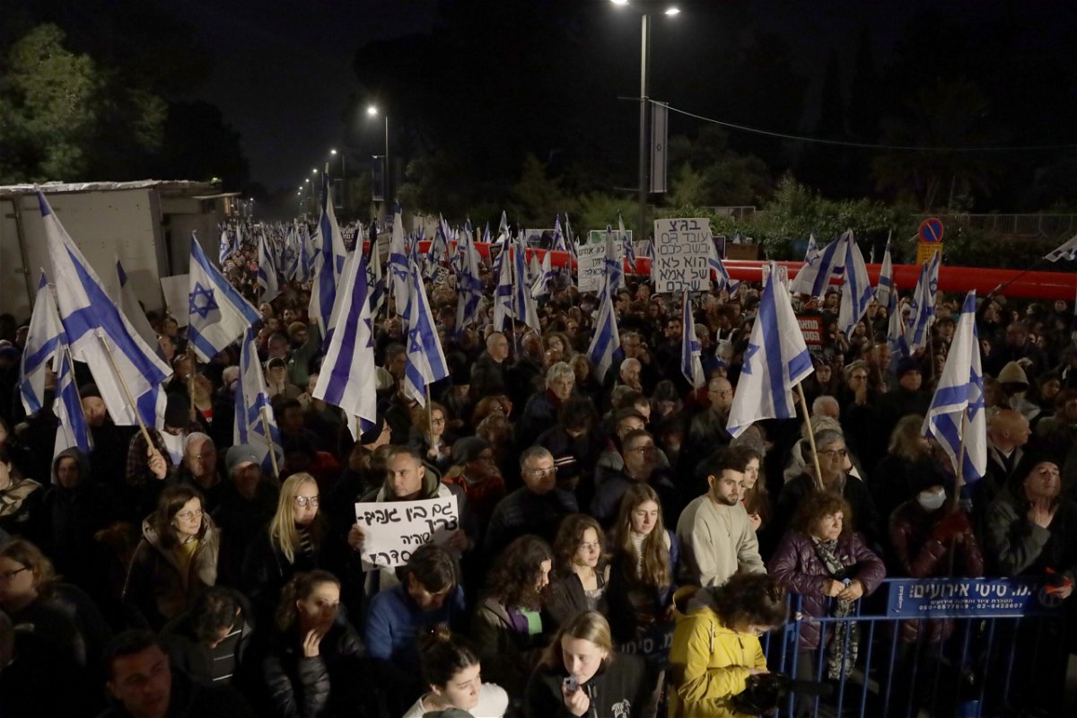 <i>Saeed Qaq/Anadolu Agency/Getty Images</i><br/>People demonstrate in Jerusalem on Saturday against the Israeli government's plans to weaken the country's judicial system.