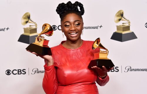 Samara Joy poses wither her trophies at the Grammys on Feb. 5.