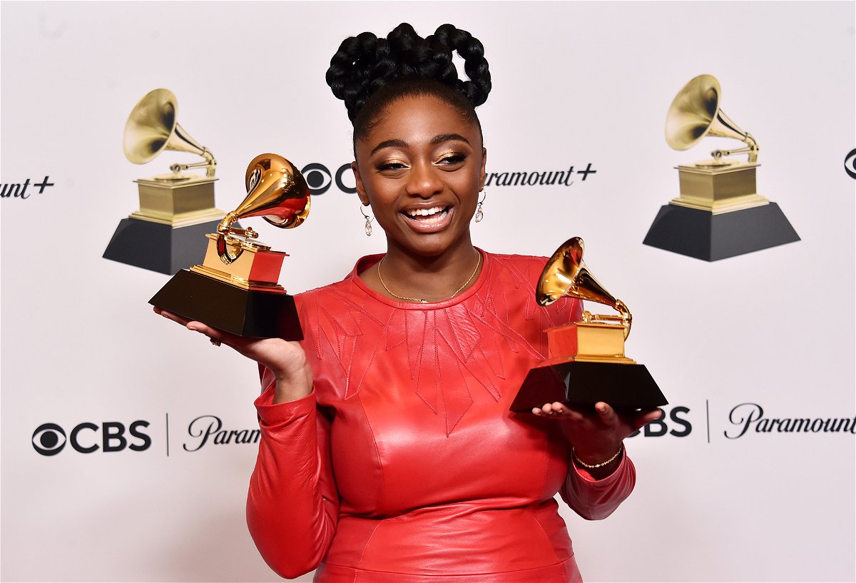 <i>Alberto E. Rodriguez/Getty Images for The Recording Academy</i><br/>Samara Joy poses wither her trophies at the Grammys on Feb. 5.