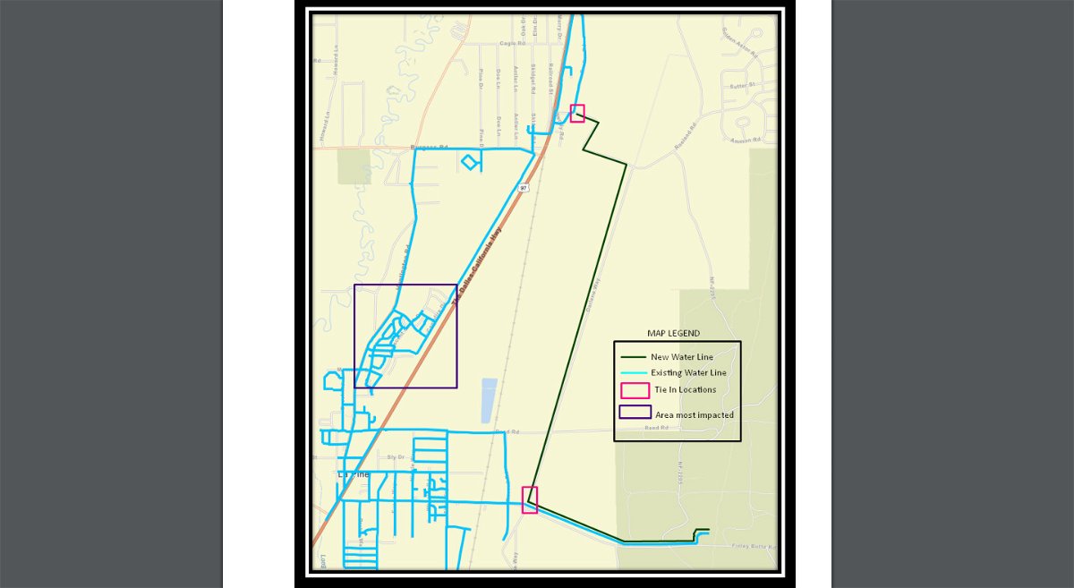 City of La Pine provided map of where water line tie-ins occurred, area of biggest problem with 
