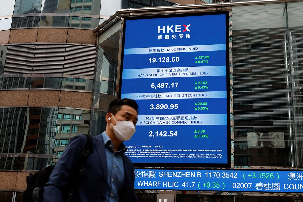 <i>Tyrone Siu/Reuters</i><br/>European and Asian stocks rose Tuesday as investor worries about the global banking turmoil ease. Pictured is the Hang Seng Index at Central district