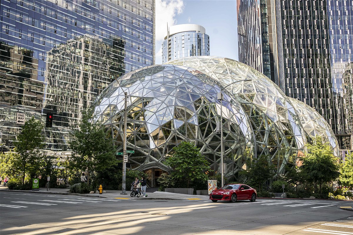 <i>David Ryder/Getty Images</i><br/>The exterior of The Spheres are seen at the Amazon.com Inc. headquarters on May 20