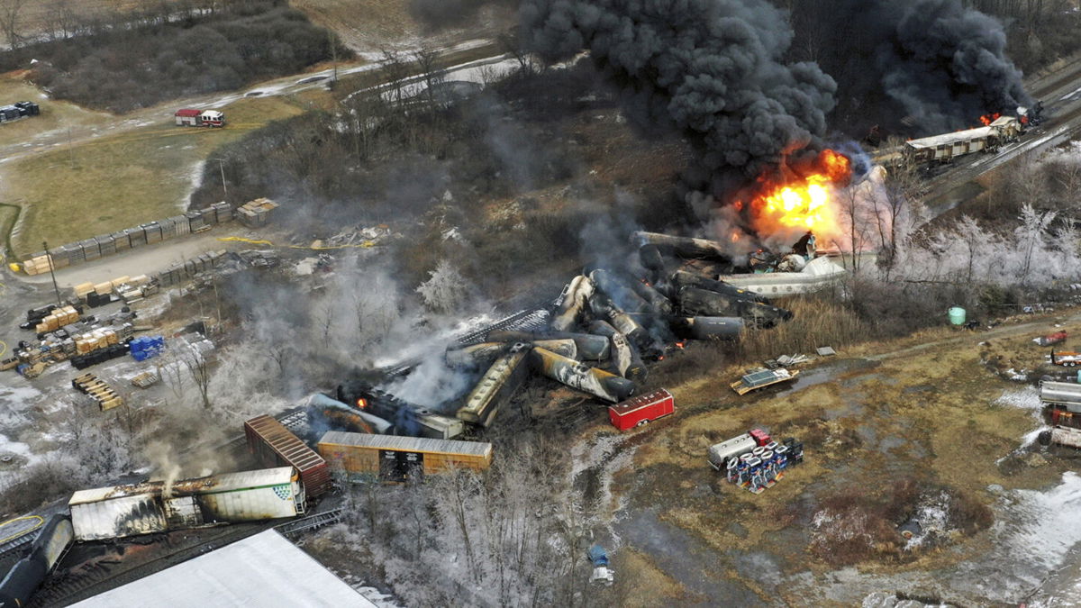 <i>Gene J. Puskar/AP</i><br/>This photo taken with a drone shows portions of a Norfolk Southern freight train that derailed in East Palestine