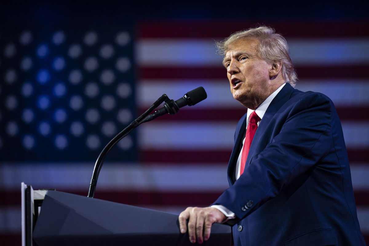 <i>Al Drago/Bloomberg/Getty Images</i><br/>Former US President Donald Trump speaks during the Conservative Political Action Conference (CPAC) in National Harbor