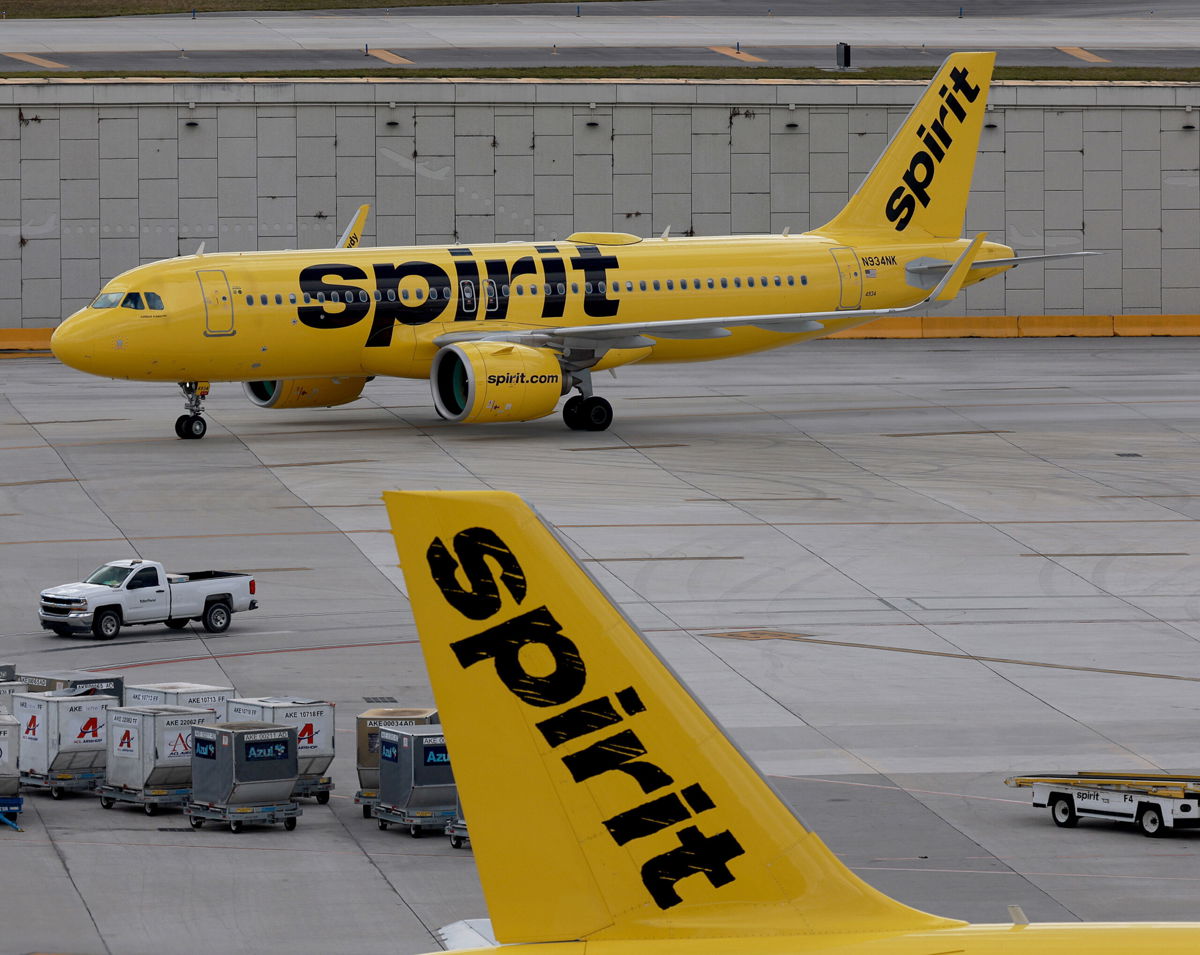 <i>Joe Raedle/Getty Images/FILE</i><br/>A Spirit Airlines plane is seen on the tarmac at the Fort Lauderdale-Hollywood International Airport in Florida.