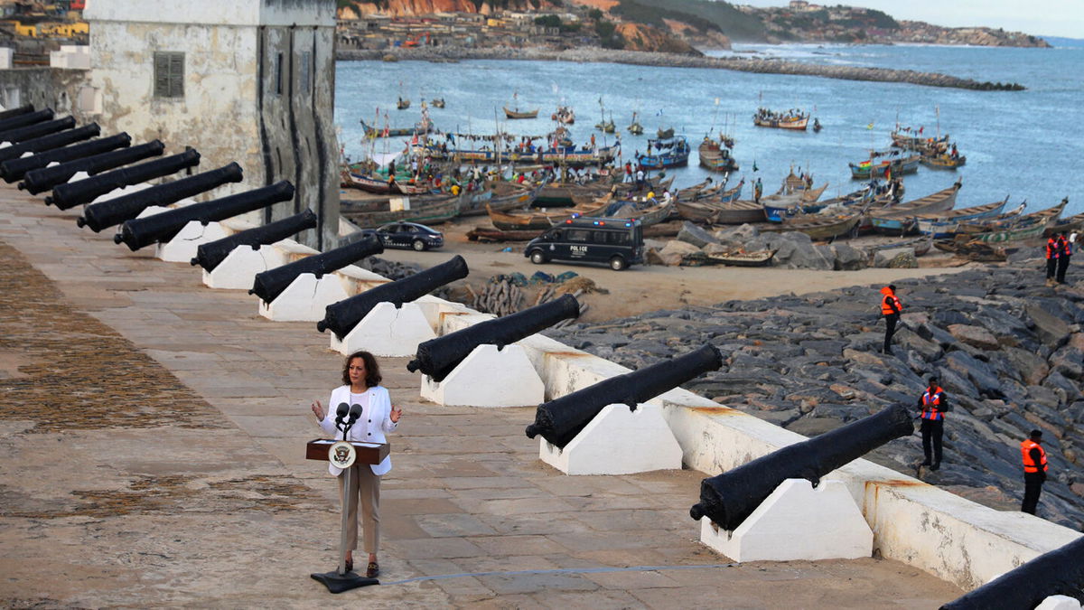 <i>Nipah Dennis/AFP/Getty Images</i><br/>Vice President Kamala Harris speaks at the Cape Coast Castle