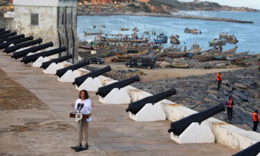 Vice President Kamala Harris speaks at the Cape Coast Castle