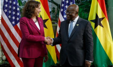 US Vice President Kamala Harris is welcomed by Ghana President Nana Akufo-Addo in Accra