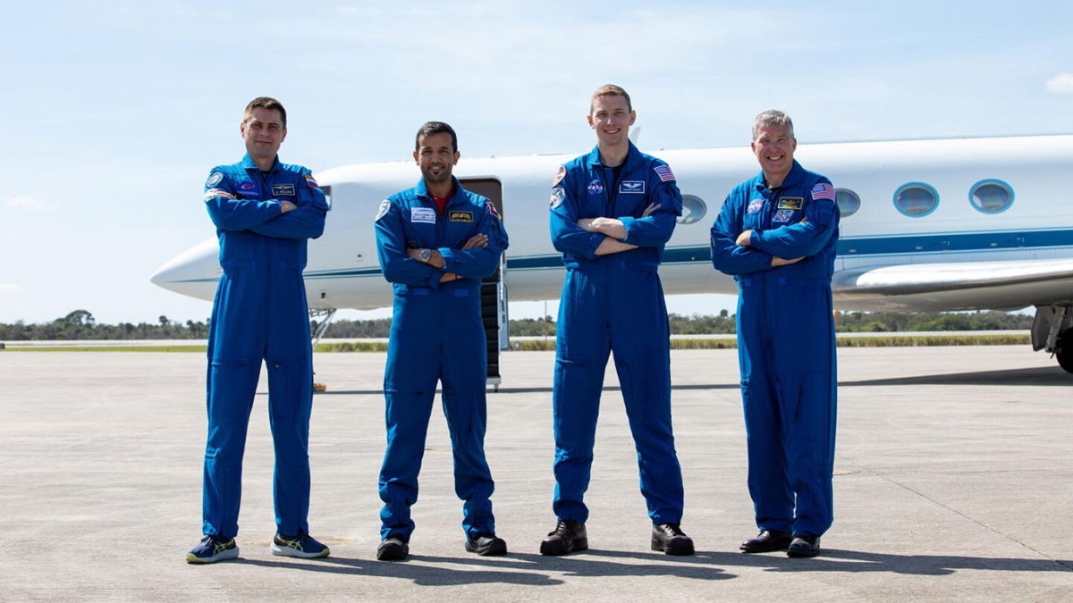 <i>Kim Shiflett/NASA</i><br/>SpaceX Crew-6 astronauts pause for a photo at Kennedy Space Center in Florida on February 21: (from left) Roscosmos cosmonaut Andrey Fedyaev