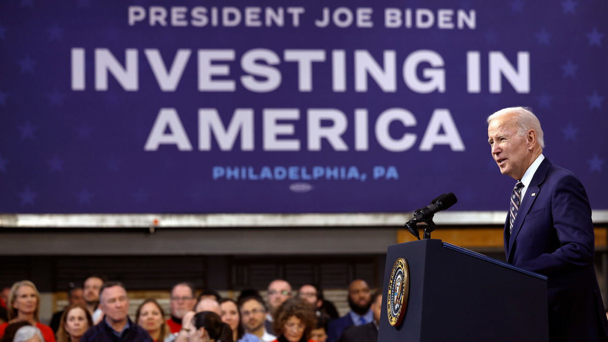 <i>Chip Somodevilla/Getty Images</i><br/>President Joe Biden talks about his proposed FY2023 federal budget during an event at the Finishing Trades Institute on March 9 in Philadelphia