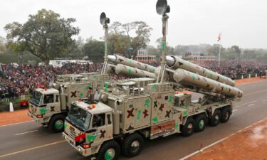 Indian Army's BrahMos weapon systems are displayed during a rehearsal for the Republic Day parade in New Delhi on January 23