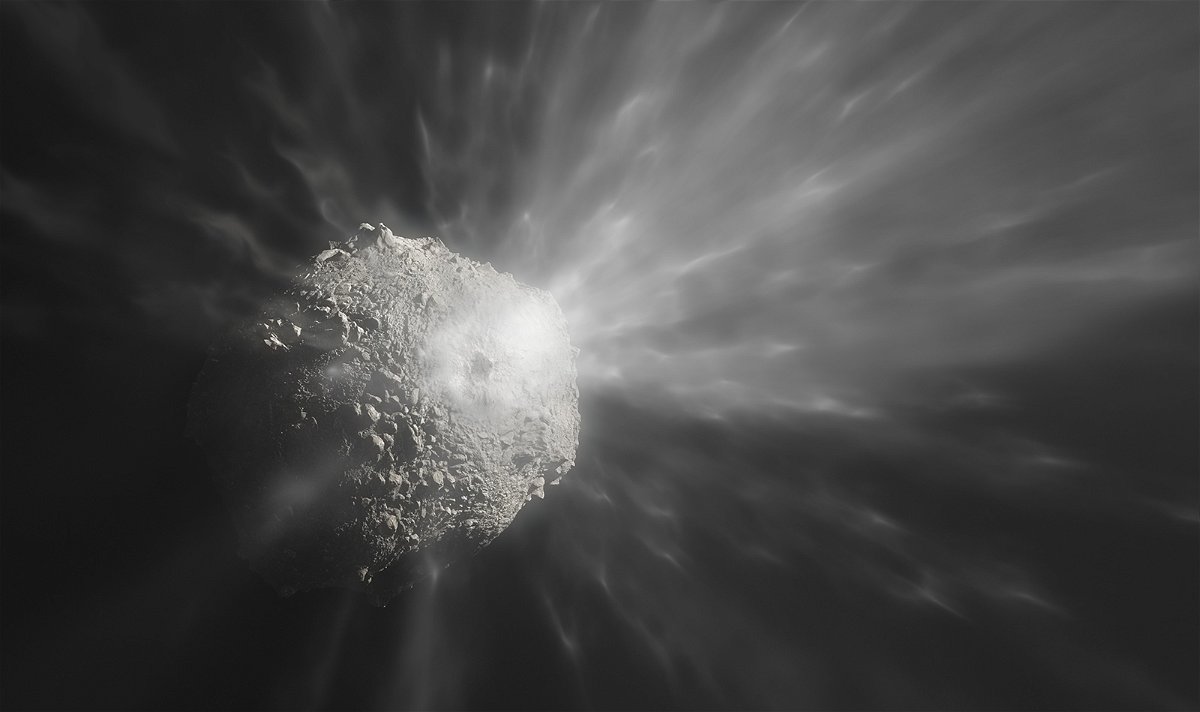 <i>ESO/M. Kornmesser</i><br/>An artist's illustration depicts how the debris cloud likely looked as it was blasted off of the asteroid.