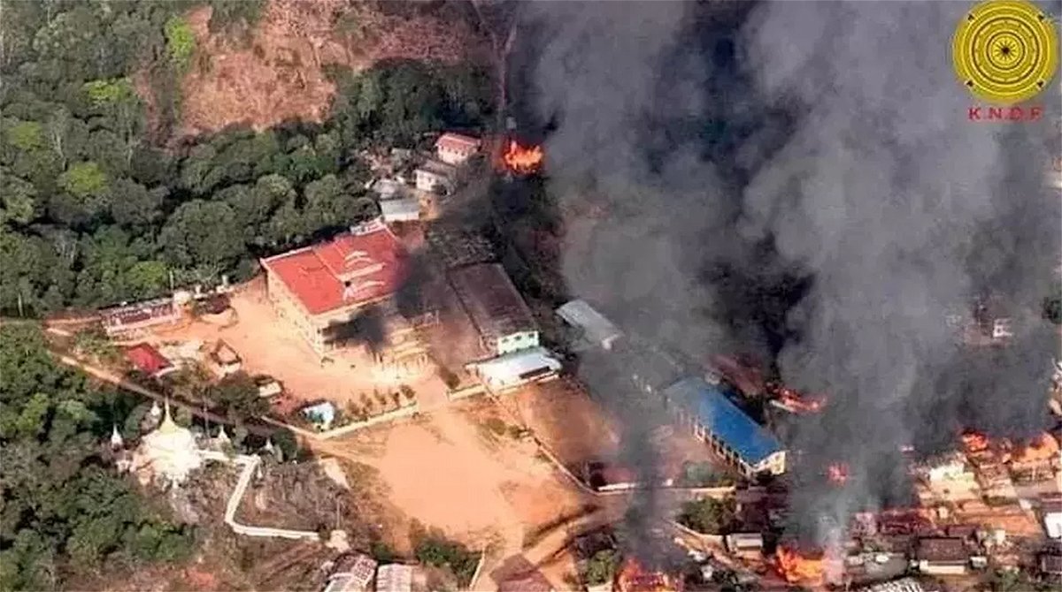 <i>Karenni Nationalities Defence Force</i><br/>A Myanmar monastery attack kills 22 as conflicting accounts emerge of the alleged massacre. The monastery and homes in Nan Neint village are pictured burning after a raid by Myanmar junta troops.