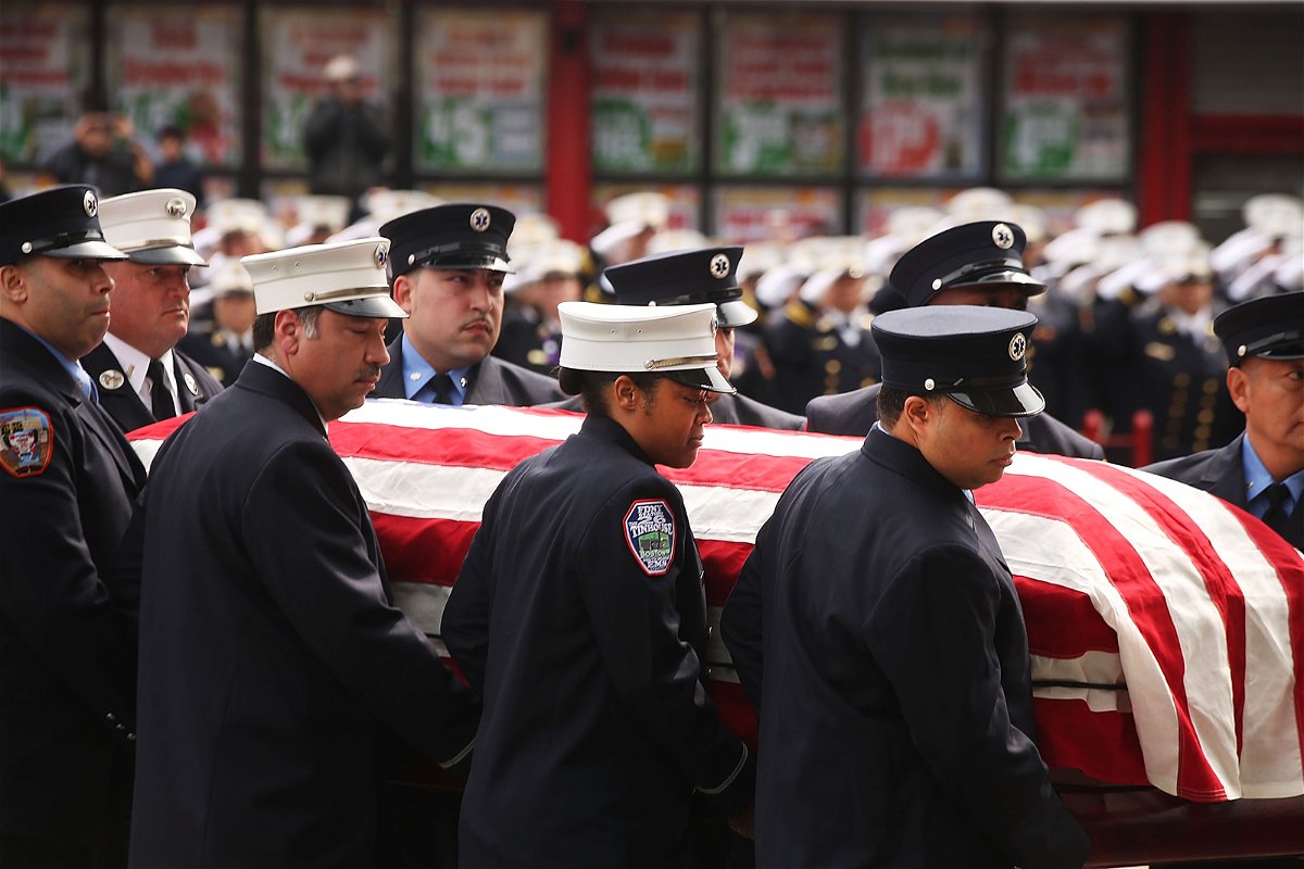 <i>Spencer Platt/Getty Images/File</i><br/>A jury found a New York man guilty of first-degree murder for fatally running over New York City Fire Department EMT Yadira Arroyo with her own ambulance in 2017. The casket for Arroyo is seen here in March