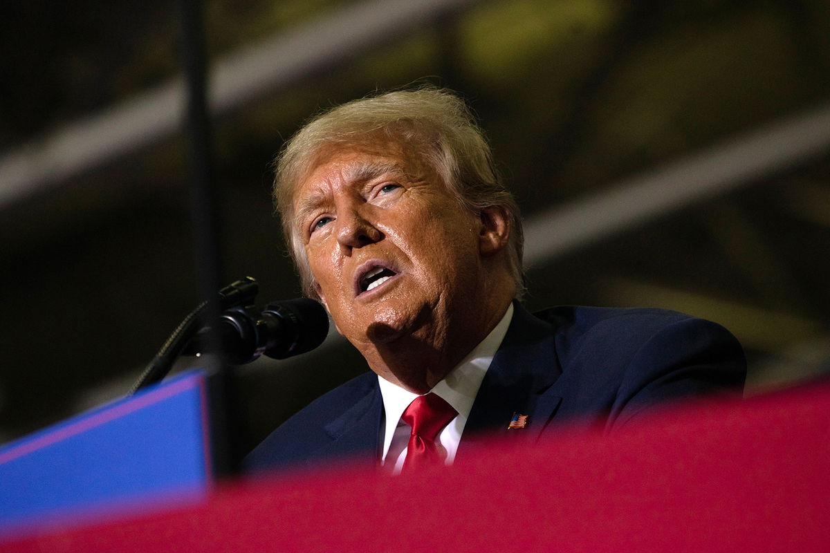 <i>Emily Elconin/Getty Images</i><br/>Former President Donald Trump speaks during a Save America rally in October of 2022 in Warren