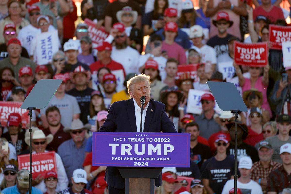 <i>Nathan Howard/AP</i><br/>Former President Donald Trump speaks at a campaign rally at Waco Regional Airport Saturday