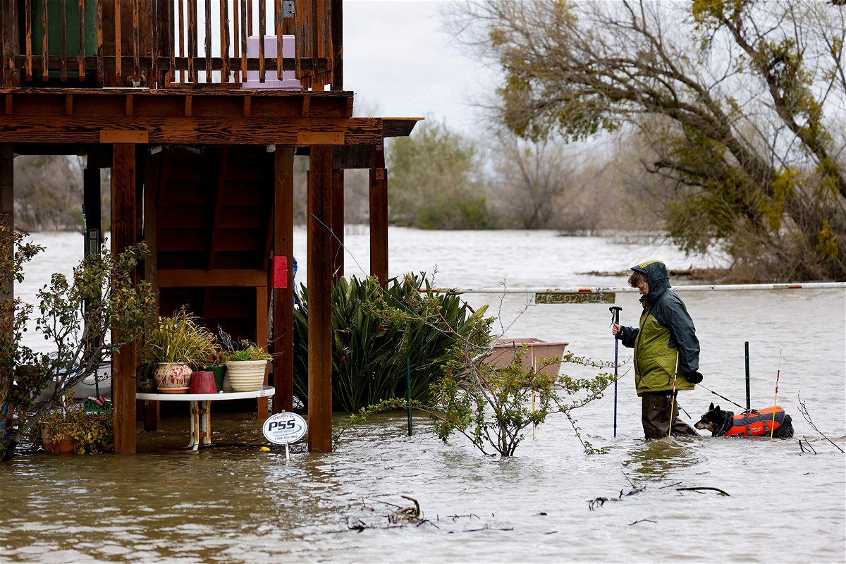 <i>Fred Greaves/Reuters</i><br/>Kristen Vogt and her dog Roo walk through floodwaters to go back to their house
