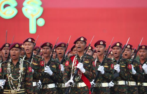 Military officers march during a parade to commemorate Myanmar's 78th Armed Forces Day in Naypyidaw