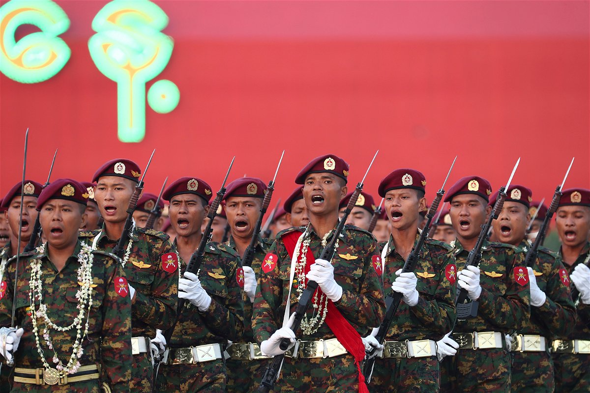 <i>Aung Shine Oo/AP</i><br/>Military officers march during a parade to commemorate Myanmar's 78th Armed Forces Day in Naypyidaw