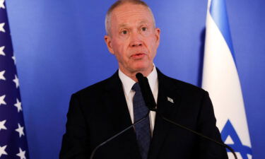 Israeli Defence Minister Yoav Gallant attends a news conference with U.S. Secretary of Defense Lloyd Austin at Ben Gurion Airport in Lod