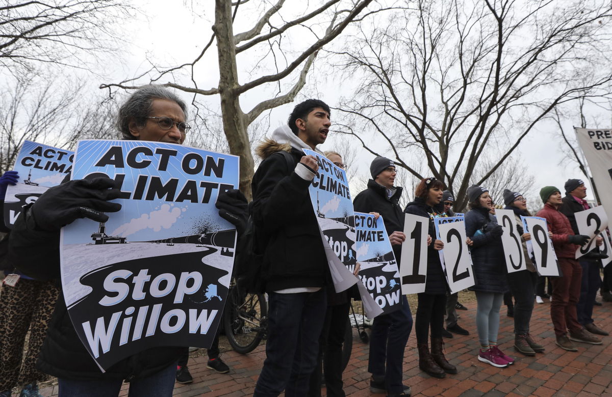 <i>Celal Gunes/Anadolu Agency/Getty Images</i><br/>Environmental and indigenous groups have filed two lawsuits challenging the Willow Project on Alaska's North Slope after the Biden administration approved the oil drilling venture. Activists gathered in front of the White House on January 10 to protest.