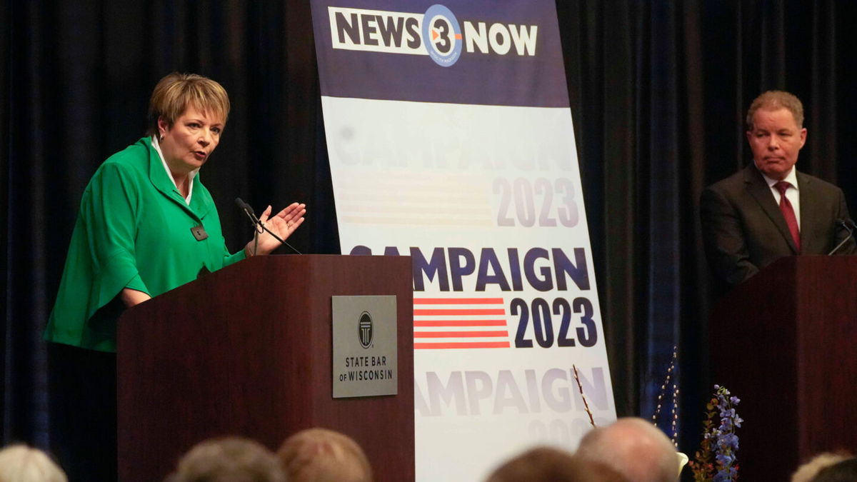 <i>Ebony Cox/Milwaukee Journal Sentinel/USA Today Network</i><br/>Wisconsin state Supreme Court candidate Janet Protasiewicz and opponent former state Supreme Court Justice Dan Kelly debate on March 21 at the State Bar Center in Madison