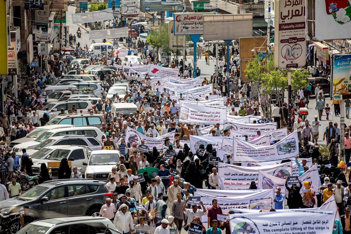 <i>Ahmad Al-Basha/AFP/Getty Images/File</i><br/>People gather for a demonstration demanding the end of a years-long siege imposed by Yemen's Houthi rebels in the city of Taiz