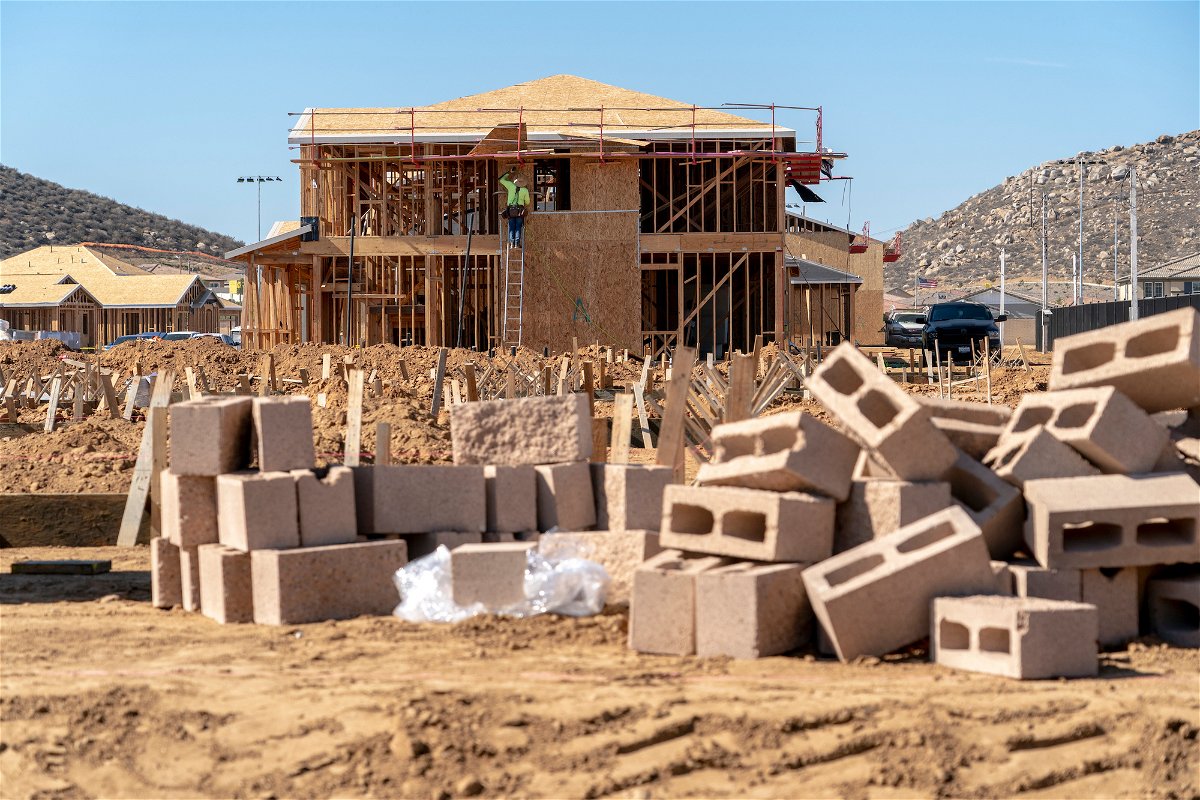 <i>Kyle Grillot/Bloomberg/Getty Images/FILE</i><br/>New home sales rose in February. Pictured are houses under construction in Menifee