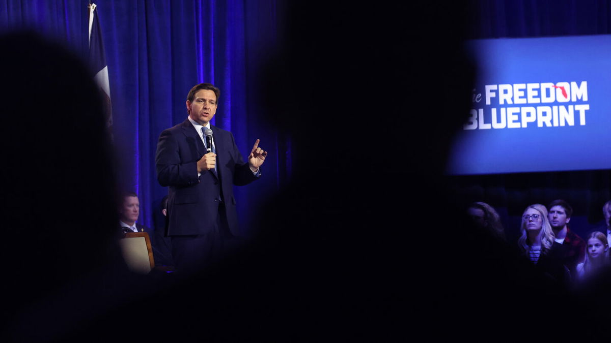 <i>Scott Olson/Getty Images</i><br/>Florida Gov. Ron DeSantis speaks to Iowa voters during an event at the Iowa State Fairgrounds on March 10 in Des Moines