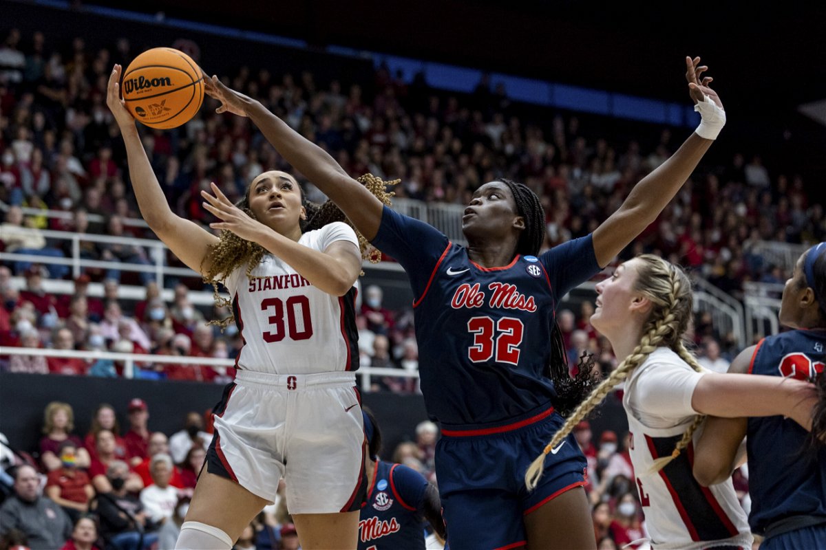 <i>Bob Kupbens/Icon Sportswire/Getty Images</i><br/>Stanford Cardinal guard Haley Jones (left) attempts a shot against the Ole Miss Rebels with Rita Igbokwe defending.