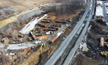A general view of the site of the derailment of a train carrying hazardous waste in East Palestine