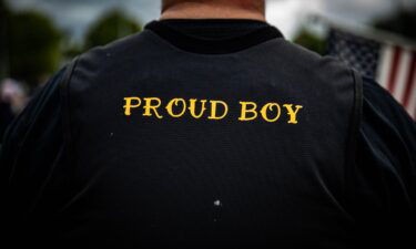 A man wears a Proud Boy vest as several hundred members of the Proud Boys and other similar groups gathered at Delta Park in Portland