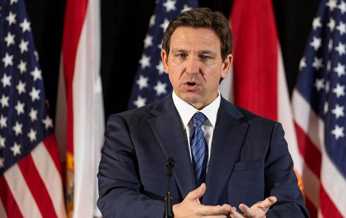 <i>Matias J. Ocner/Miami Herald/Tribune News Service/Getty Images</i><br/>Florida Gov. Ron DeSantis speaks at Christopher Columbus High School on March 27 in Miami.