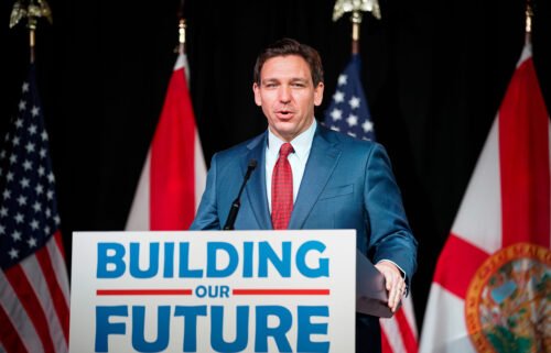 Florida Gov. Ron DeSantis is seen here at a news conference to sign the "Live Local Act" in Naples on March 29.