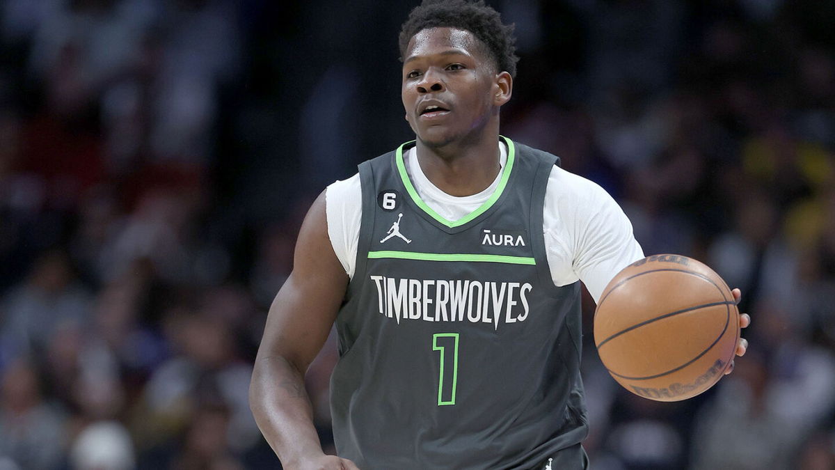 <i>Matthew Stockman/Getty Images</i><br/>Anthony Edwards of the Minnesota Timberwolves brings the ball down the court against the Denver Nuggets in the NBA Playoffs at Ball Arena on April 25 in Denver.