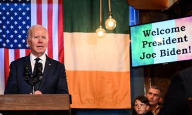 President Joe Biden delivers a speech at the Windsor Bar in Dundalk