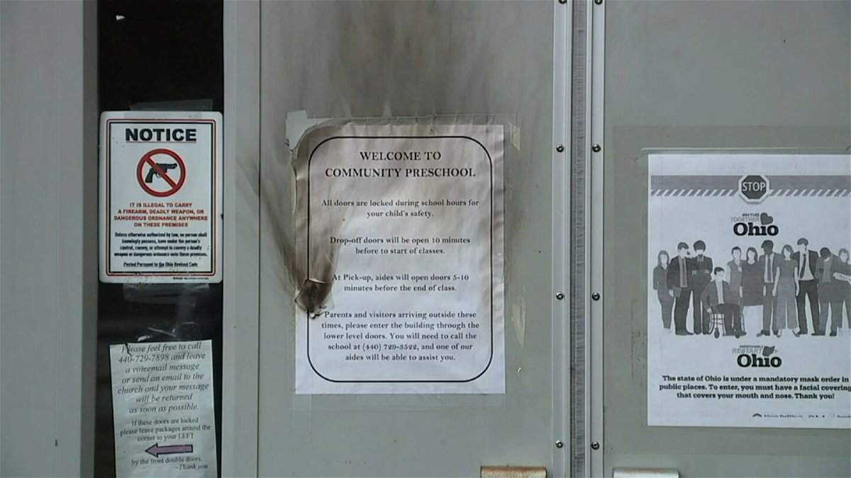 <i>WEWS</i><br/>Burn marks are seen on the door of the Community Church of Chesterland (CCC)
