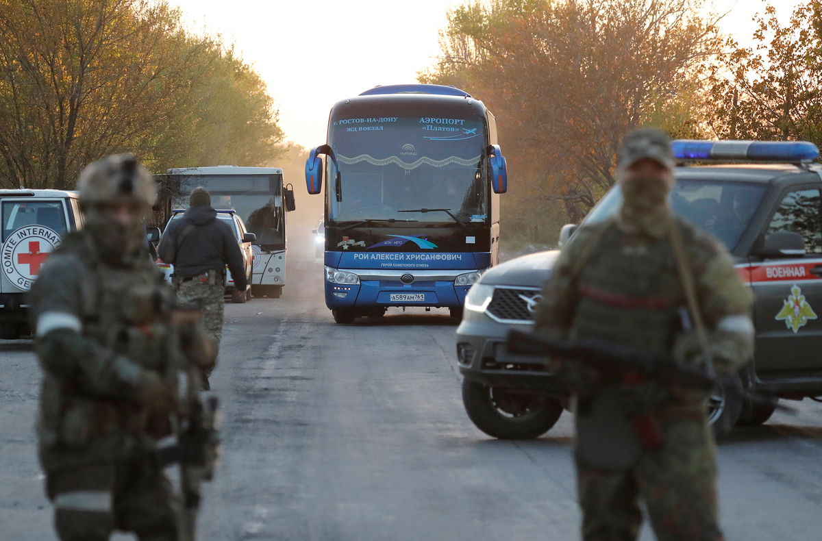 <i>Alexander Ermochenko/Reuters</i><br/>A bus carrying civilians evacuated from the Azovstal steel plant in Mariupol arrives in the village of Bezimenne in Ukraine's Donetsk region on May 6