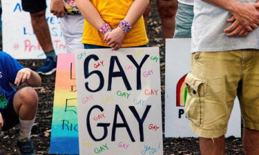 Signs are seen here displayed at a protest and march in Naples on March 31 against several anti-LGBT Florida House bills.