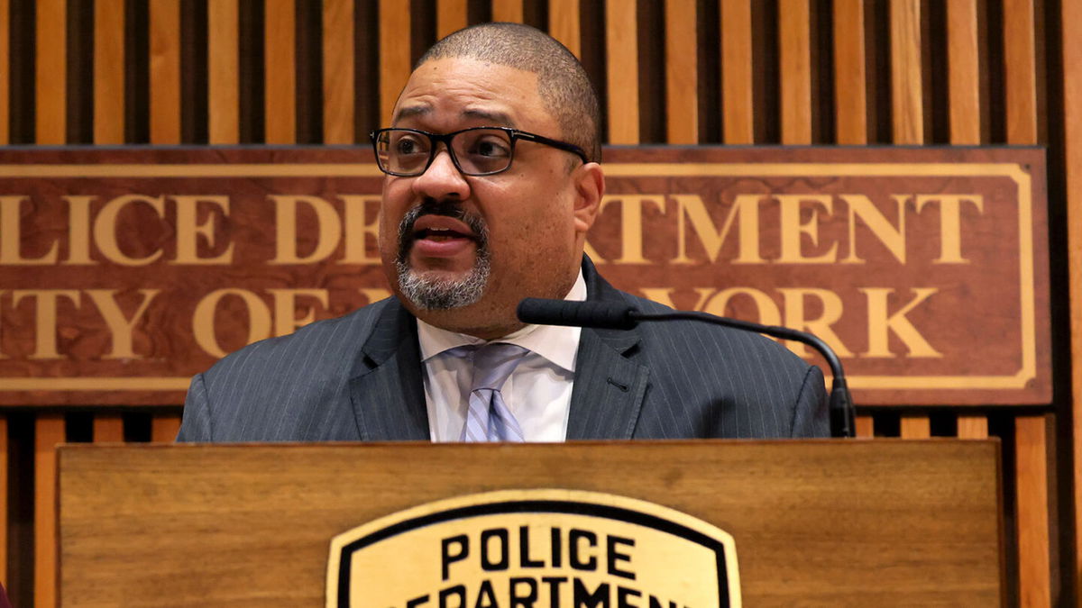 <i>Michael M. Santiago/Getty Images/FILE</i><br/>Manhattan DA Alvin Bragg speaks during a press conference on April 18 in New York City.