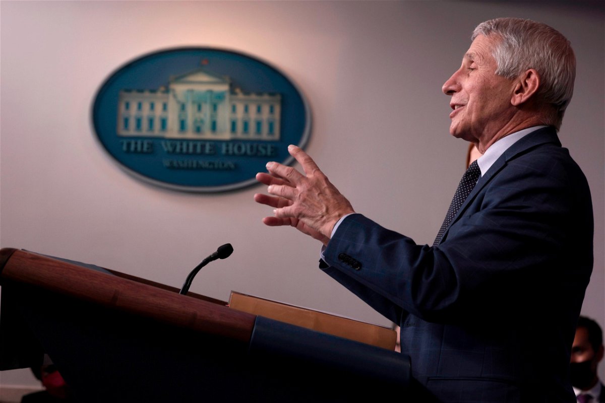 <i>Anna Moneymaker/Getty Images</i><br/>Dr. Anthony Fauci gestures as he answers a question from a reporter after giving an update on the Omicron Covid-19 variant during the daily press briefing at the White House on December 1
