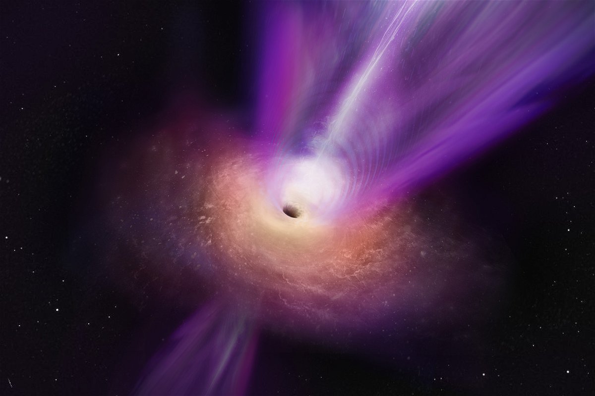 <i>S. Dagnello/ESO</i><br/>An artist's concept shows how the black hole's massive jet rises up from the center.