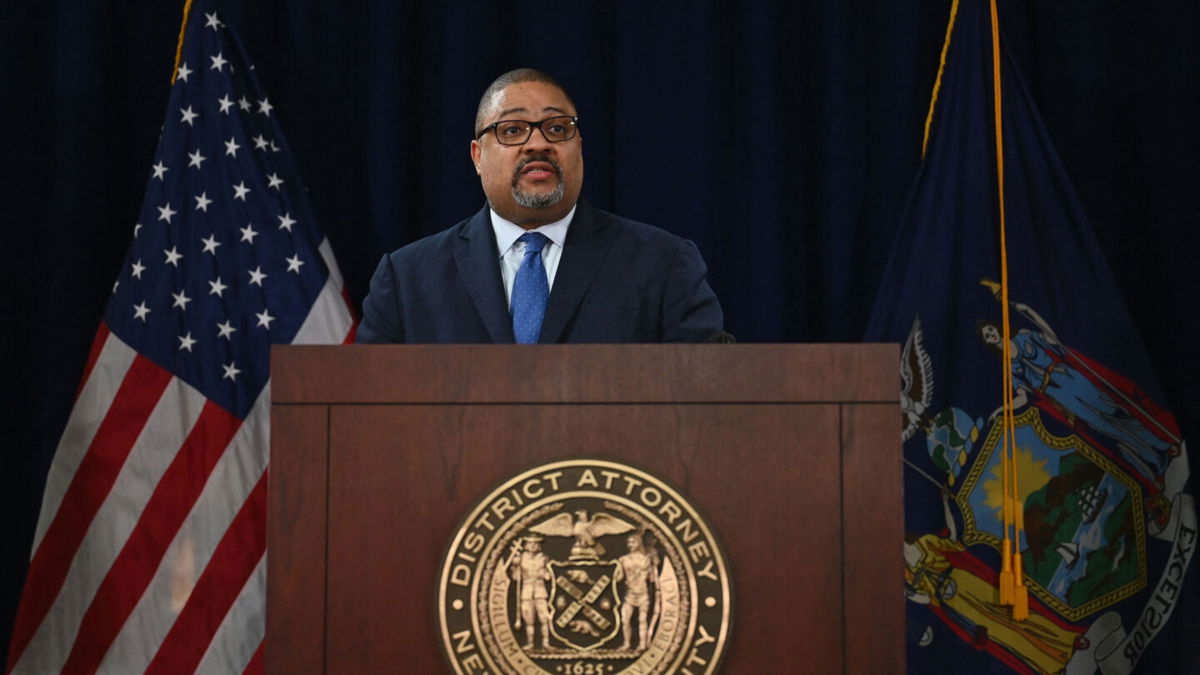 <i>Angela Weiss/AFP/Getty Images</i><br/>Manhattan District Attorney Alvin Bragg is seen here speaking during a press conference discussing his indictment of former President Donald Trump on April 4.