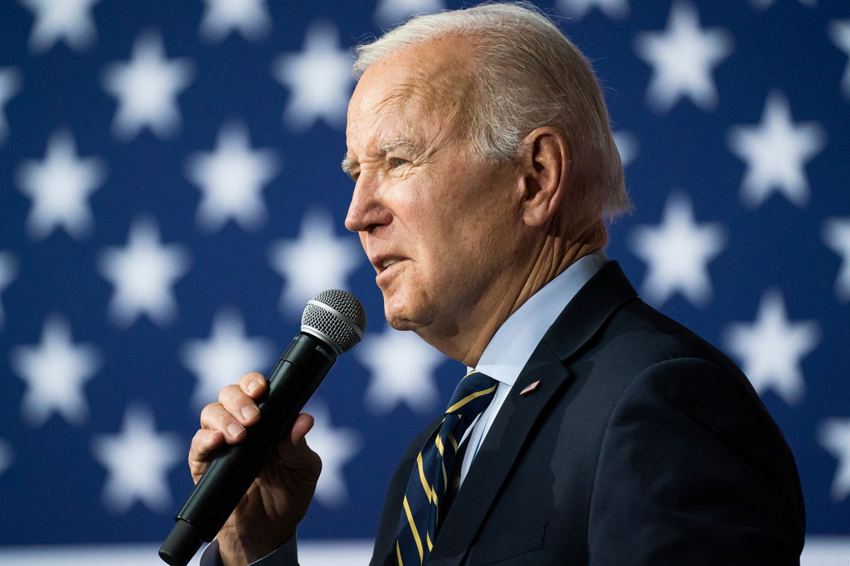 <i>Nathan Howard/Getty Images</i><br/>President Joe Biden delivers remarks on the economy at an International Union of Operating Engineers Local 77 union training facility on April 19 in Accokeek