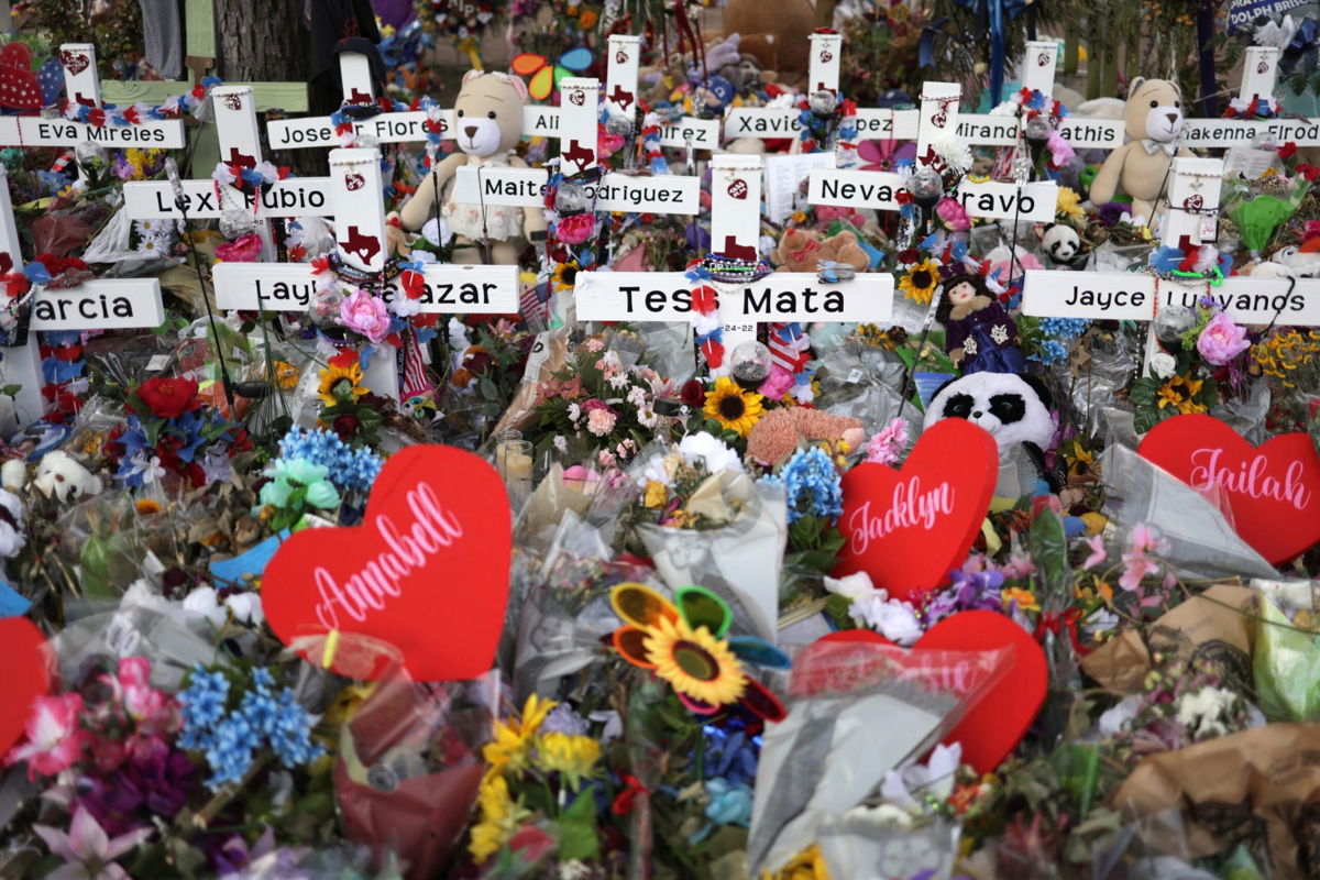 <i>Alex Wong/Getty Images/FILE</i><br/>Wooden crosses are placed at a memorial dedicated to the victims of the mass shooting at Robb Elementary School on June 3