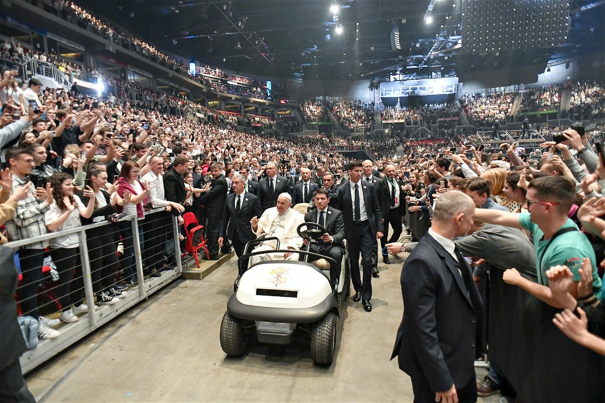 <i>Vatican Media/Getty Images</i><br/>Pope Francis meets with young people at the Papp László Sport Arena on April 29