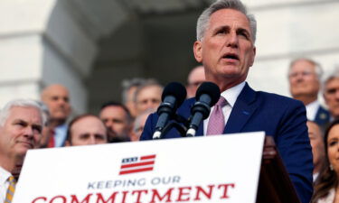 House Speaker Kevin McCarthy speaks at an event celebrating 100 days of House Republican rule at the Capitol Building on April 17 in Washington