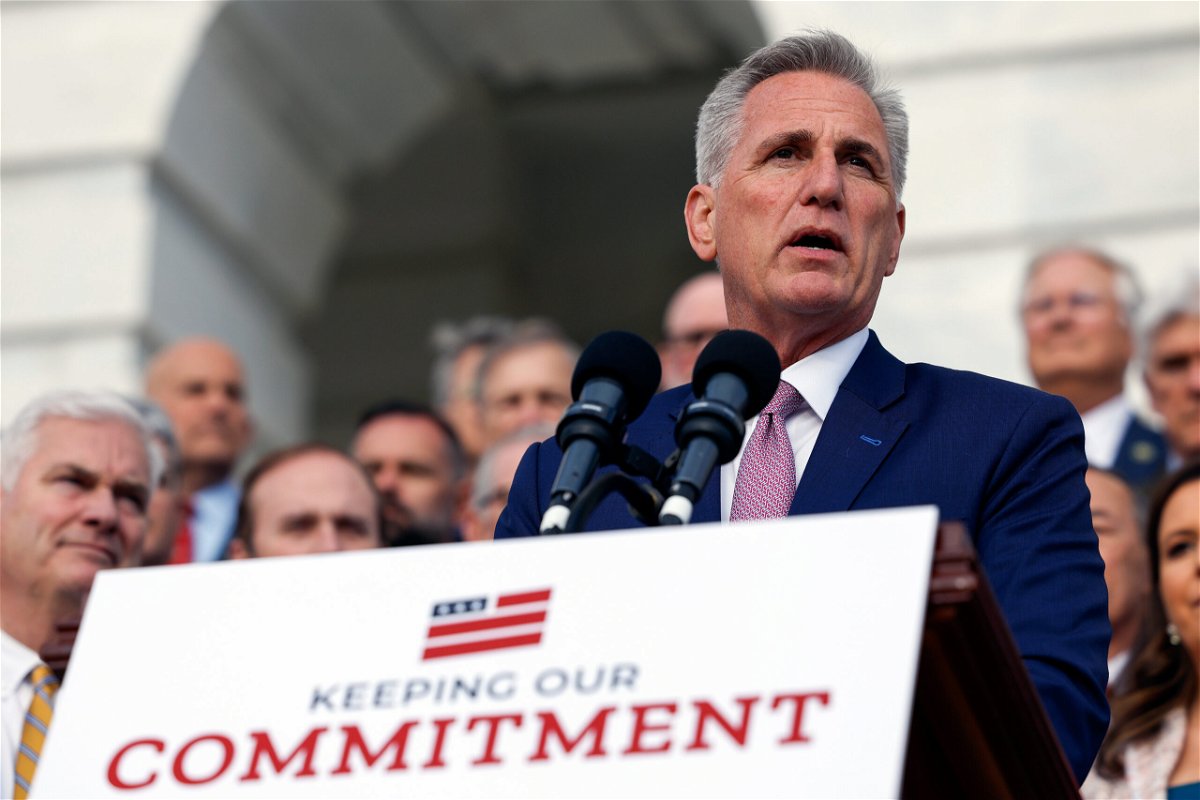 <i>Anna Moneymaker/Getty Images</i><br/>House Speaker Kevin McCarthy speaks at an event celebrating 100 days of House Republican rule at the Capitol Building on April 17 in Washington