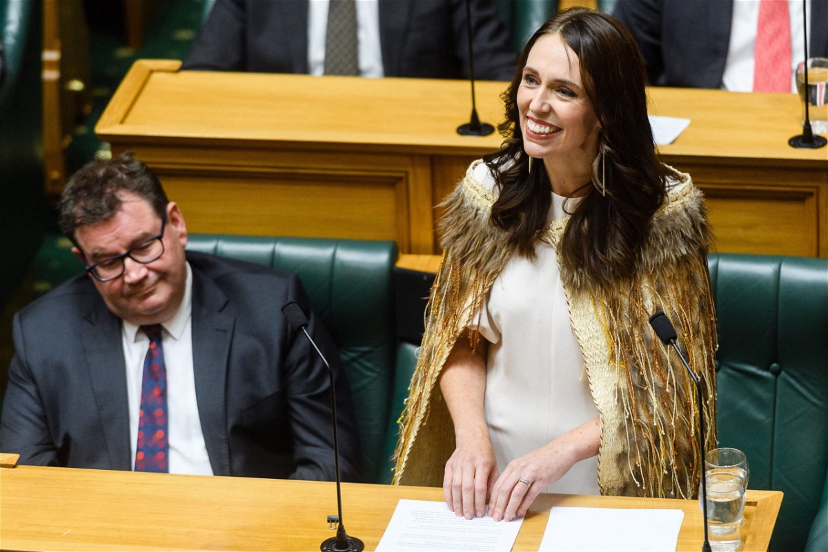 <i>Mark Coote/AFP/Getty Images</i><br/>Former New Zealand Prime Minister Jacinda Ardern gave a rousing farewell speech in parliament in Wellington on April 5.