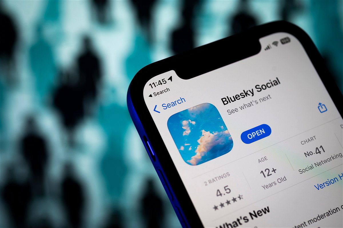 <i>Jaap Arriens/NurPhoto/Shutterstock</i><br/>The Bluesky social media app logo is seen on a mobile device in April 2023.